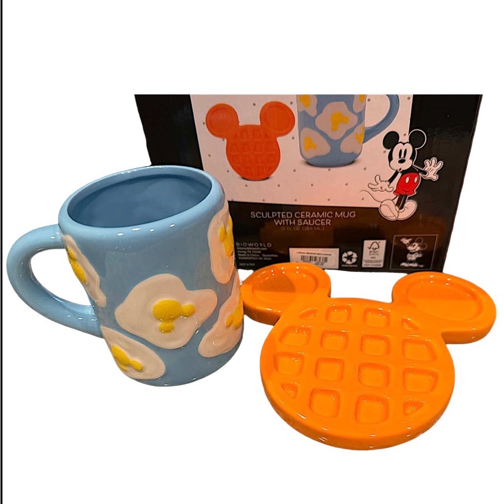 🧁Disney Blue Floral Ceramic Mug with Orange Mickey Waffle Saucer